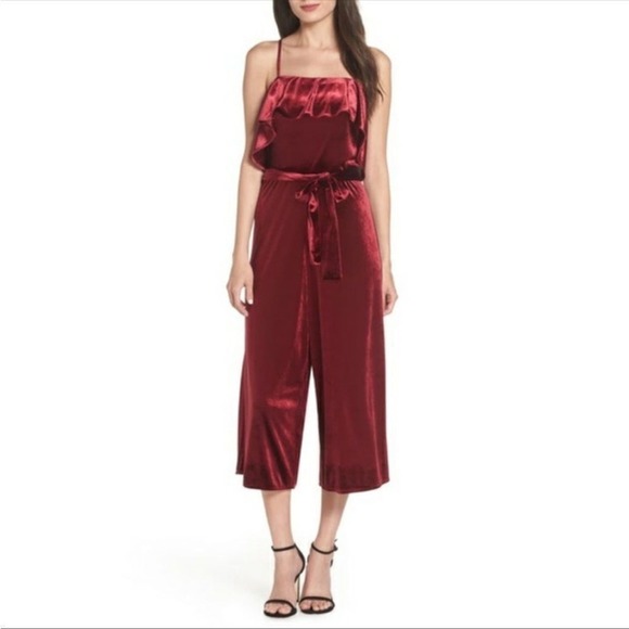 Avec Les Filles Sz 10 Cropped Velvet Jumpsuit Wine Red Boho Cocktail Ruffles - Picture 4 of 4